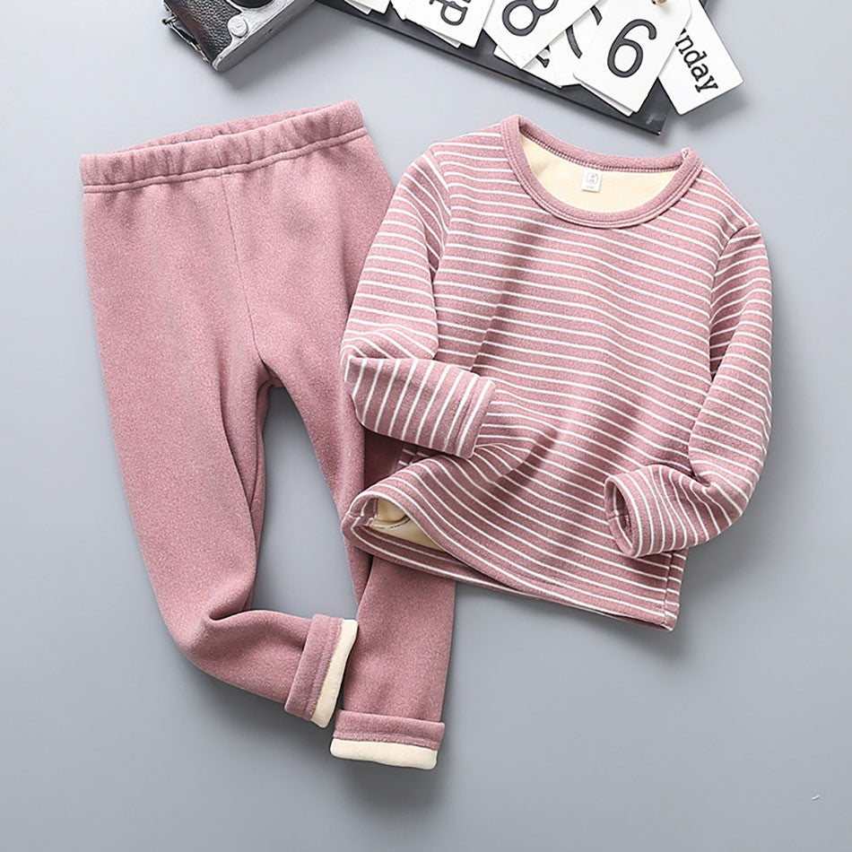 Autumn Winter Boys Girls Plush Striped Clothing Set Kids Cozy and Warm Sleepwear Pajamas Suitable for Children Daily Wear