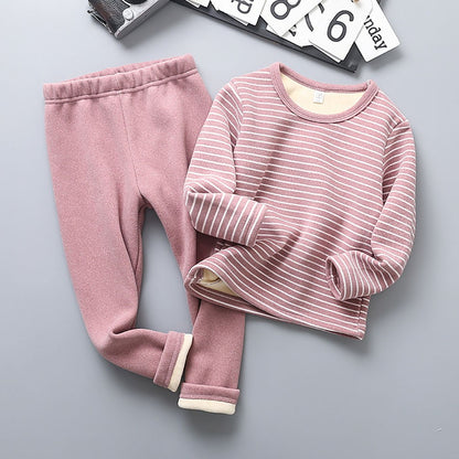 Autumn Winter Boys Girls Plush Striped Clothing Set Kids Cozy and Warm Sleepwear Pajamas Suitable for Children Daily Wear