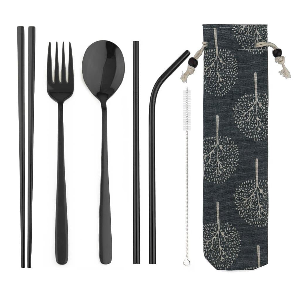 Conjunto de Talheres Portátil de Viagem JANKNG em Aço Inoxidável 304 com Garfo, Colher, Hashi, Canudo, Talheres Arco-Íris com Bolsa