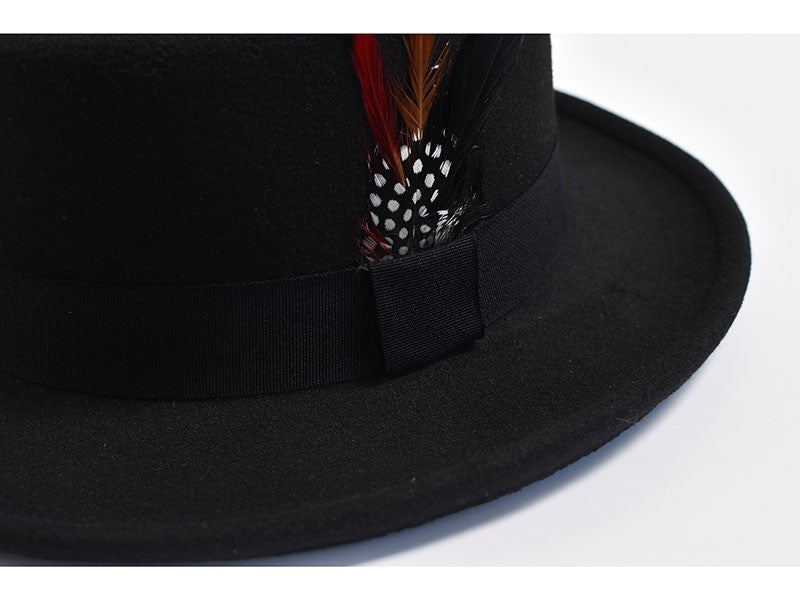 NEW Vintage Pork Pie Hat Mens Rolled Brim Felt Fedora Hat with Feather Gentleman Church Cap Trilby Jazz Hats