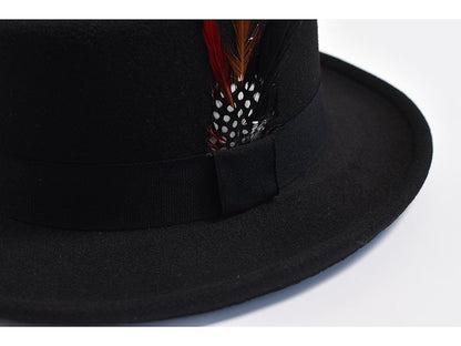 NEW Vintage Pork Pie Hat Mens Rolled Brim Felt Fedora Hat with Feather Gentleman Church Cap Trilby Jazz Hats