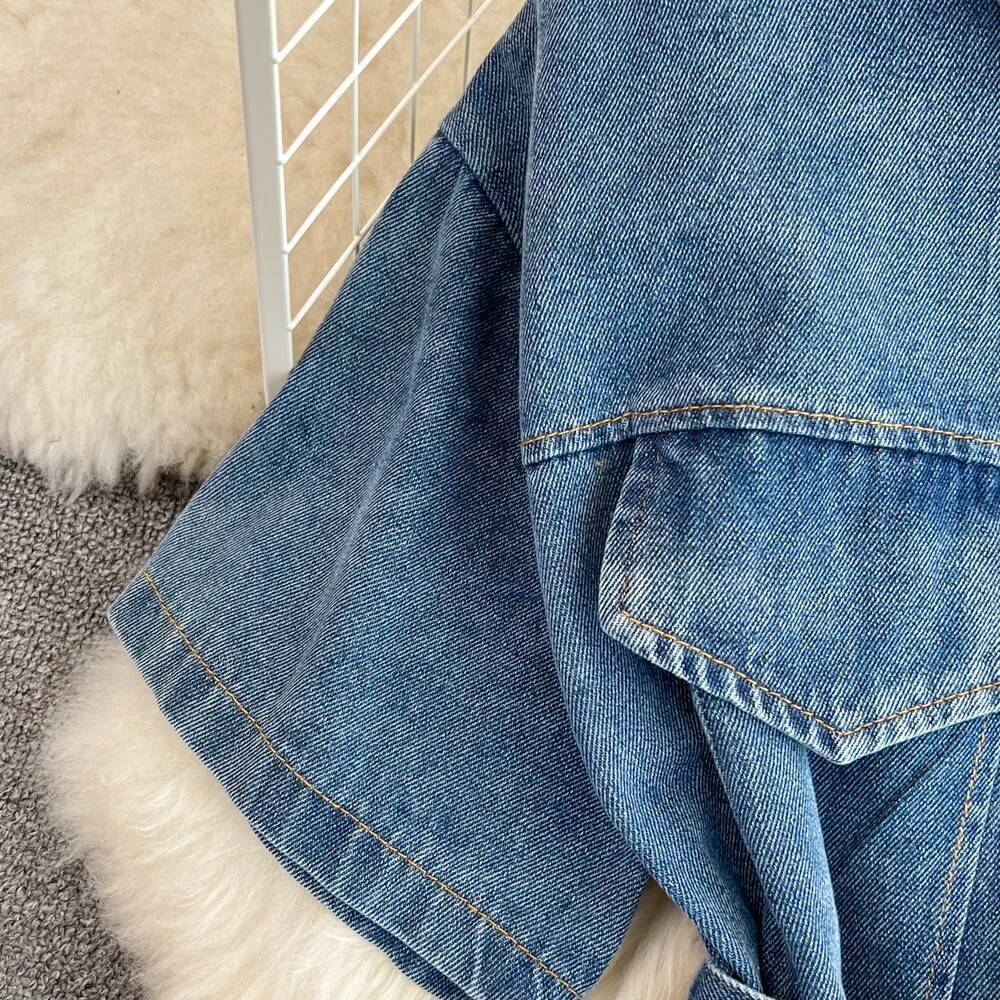 XFPV Women's Sweet high Waist Wrap Belt Round Neck patchwork Denim Shirt  Chic Top Y2k Korean Fashion Spring Summer 2025 SM11327