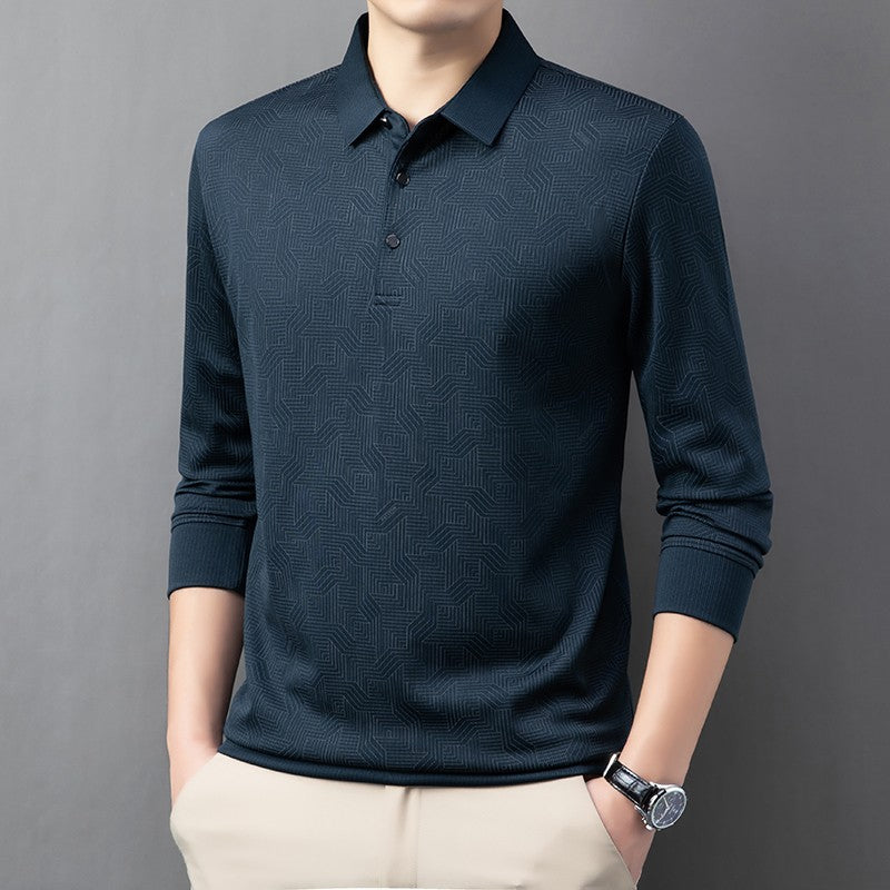 New Men's Business Casual Long Sleeved Shirt with Badge Solid Color Polo Shirt Fashionable Breathable Comfortable Versatile Top