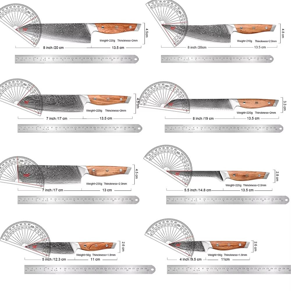 Conjunto de Facas de Cozinha Profissionais em Aço Damasco 1-8 Peças Faca Chef, Santoku, Cutelo, Pão, Desossar e Utilitárias - Afiadas como Navalha