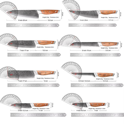 Conjunto de Facas de Cozinha Profissionais em Aço Damasco 1-8 Peças Faca Chef, Santoku, Cutelo, Pão, Desossar e Utilitárias - Afiadas como Navalha