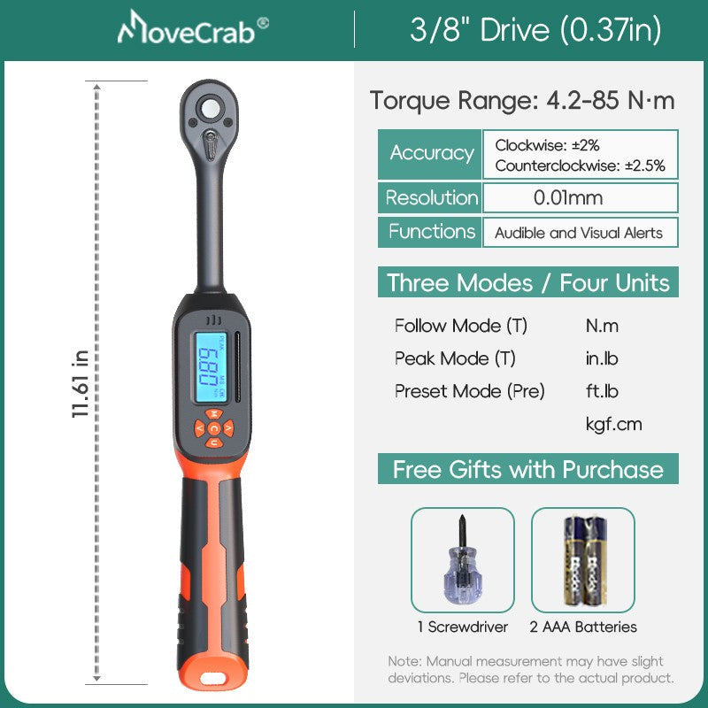 Chave de Torque Digital MOVECRAB 1.5-340 N.m com Valores Predefinidos, Precisão de 2%, Buzzer e Notificação por Flash LED