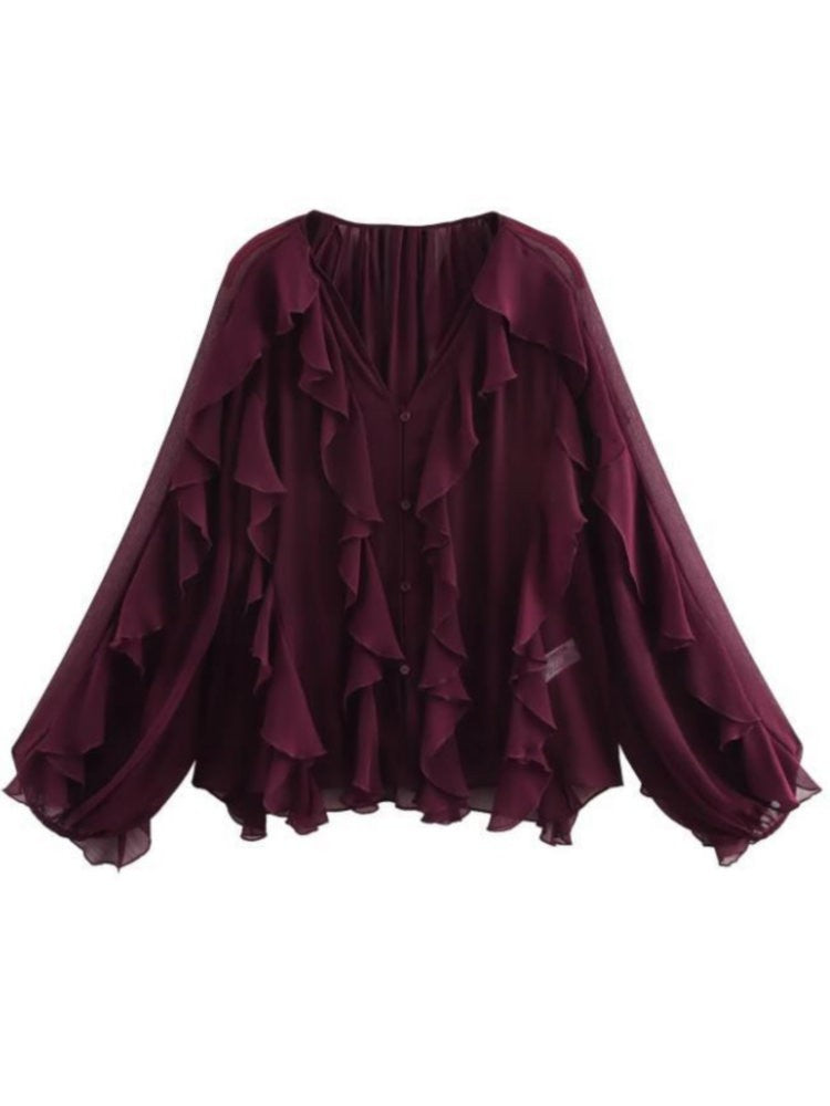 2025 Summer Chic Women's Elegant Loose Long Sleeve Layered Shirts Office Lady Vintage V-neck Translucent Tierred Ruffles Blouses