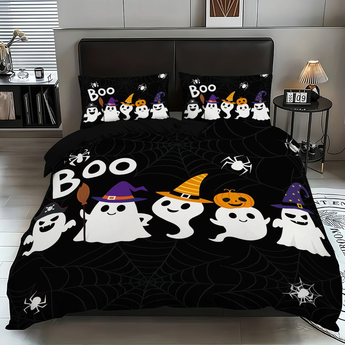 3 capas de edredom fofas de fantasma de Halloween, 1 capa de edredom + 2 fronhas, sem enchimento. Conjunto de cama macio e confortável, lavável à máquina