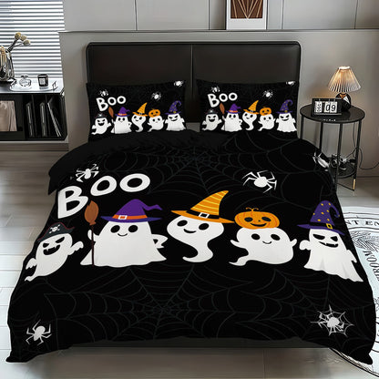 3 capas de edredom fofas de fantasma de Halloween, 1 capa de edredom + 2 fronhas, sem enchimento. Conjunto de cama macio e confortável, lavável à máquina