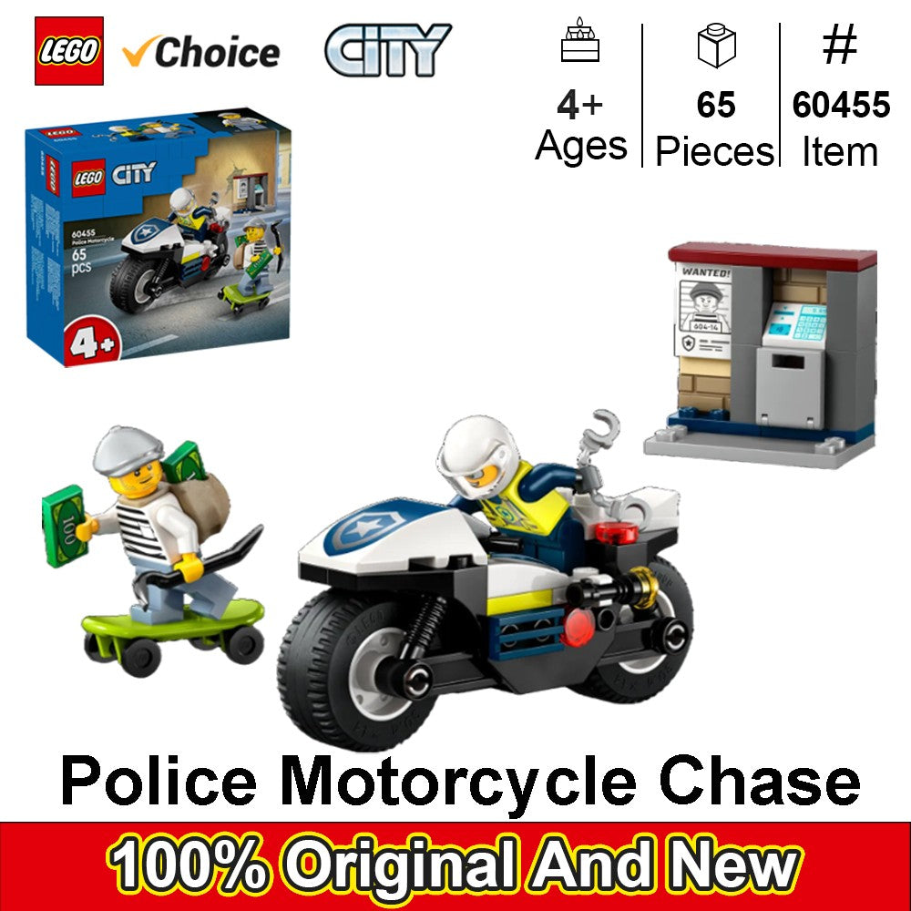 LEGO 60455 City Perseguição Policial de Moto, Brinquedo de Construção para Crianças - Blocos de Montar para Brincadeiras de Faz de Conta para Meninos e Meninas, Presente de Aniversário