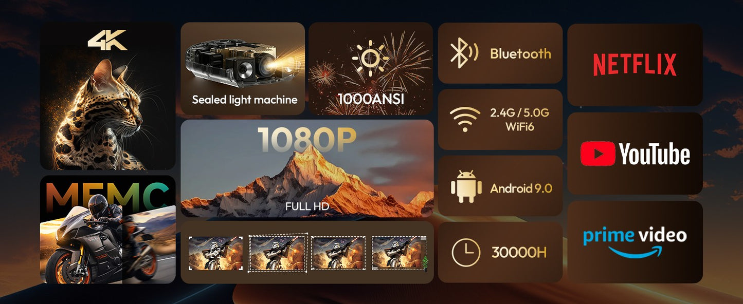 Projetor VEVSHAO A22 Full HD 1080P 4K 1000ANSI Android WiFi Foco Automático 10W*2 Projetor de Home Theater para Reuniões de Escritório e Vídeo