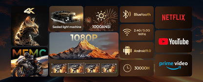 Projetor VEVSHAO A22 Full HD 1080P 4K 1000ANSI Android WiFi Foco Automático 10W*2 Projetor de Home Theater para Reuniões de Escritório e Vídeo