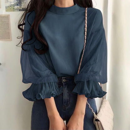 ZANZEA Women Elegant Party Blouse Chic Mesh Ruffle 3/4 Sleeve Tops 2025 Autumn Designer Stand Collar Shirts Korean Loose Tunics