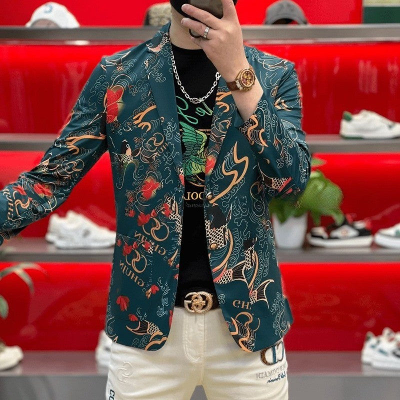 Spring and Summer Suits, Elastic, Luxurious, Koi Men's Slimming, High-end Ironing, Casual, Fashionable and Individual Outerwear