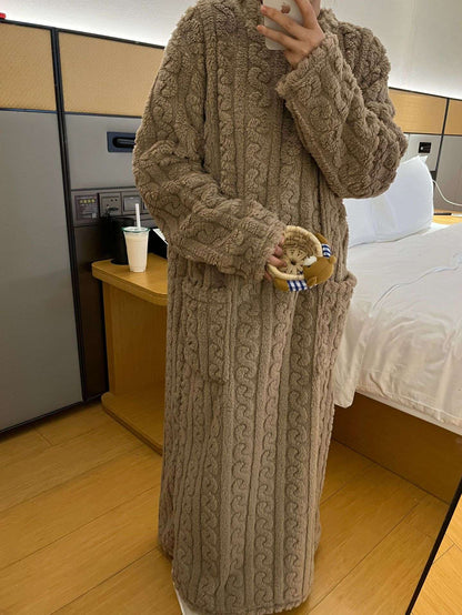 Thickened Warm Bathrobe Women Coral Velvet Padded Pajamas Dress Winter College Student Homewear Plus Size Ladies Striped