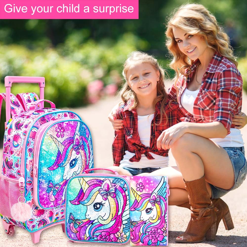Mochila de Rodinhas de Unicórnio 3 Peças para Meninas, Mochilas Escolares Infantis com Rodas, Mochila de Rodinhas com Lancheira para Pré-Escolares e Ensino Fundamental