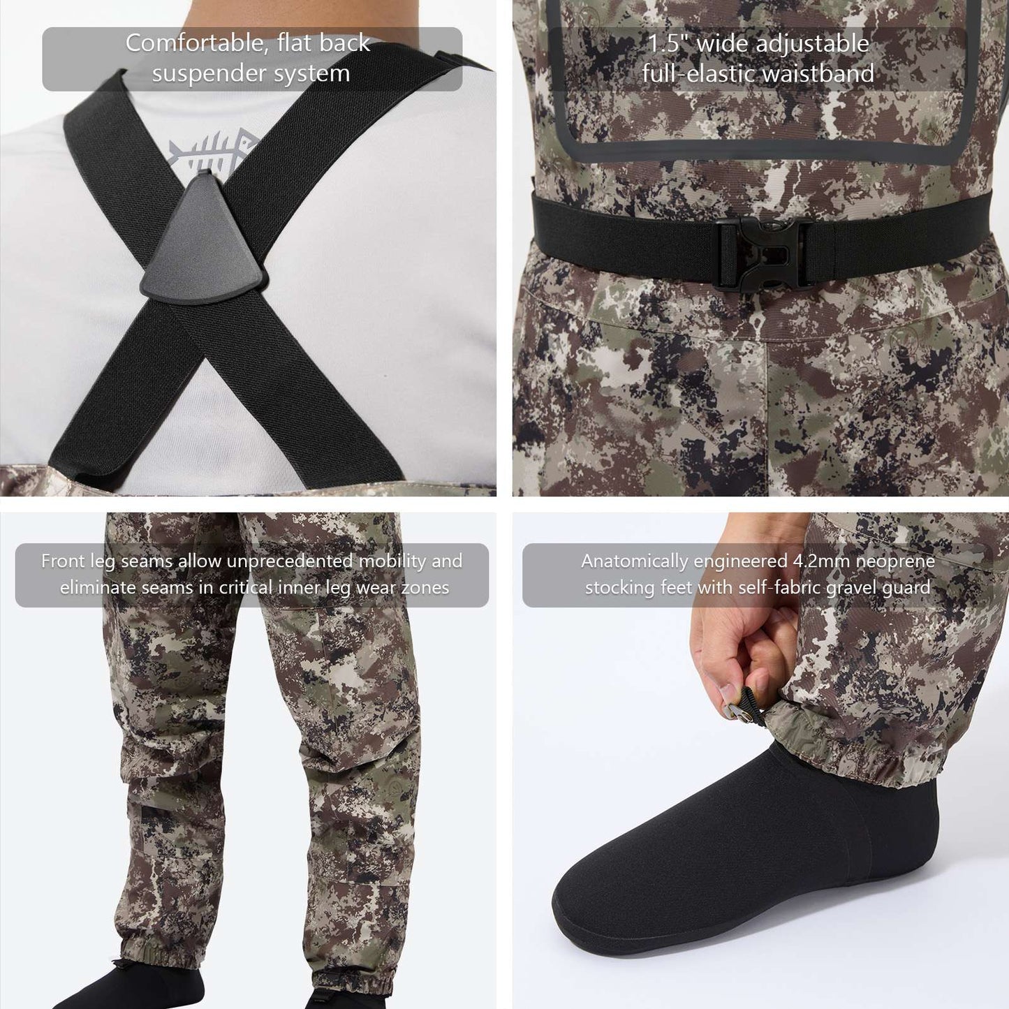 BASSDASH Stockingfoot Masculina Leve e Respirável, Macacão de Peito com Meias, Camuflado Preto para Pesca com Mosca e Caça FW11
