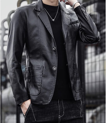 2024 New Men Business Casual Leather Jacket Black / khaki Fashion Male Suit Collar Coats Large Size 5XL Slim Fit Top