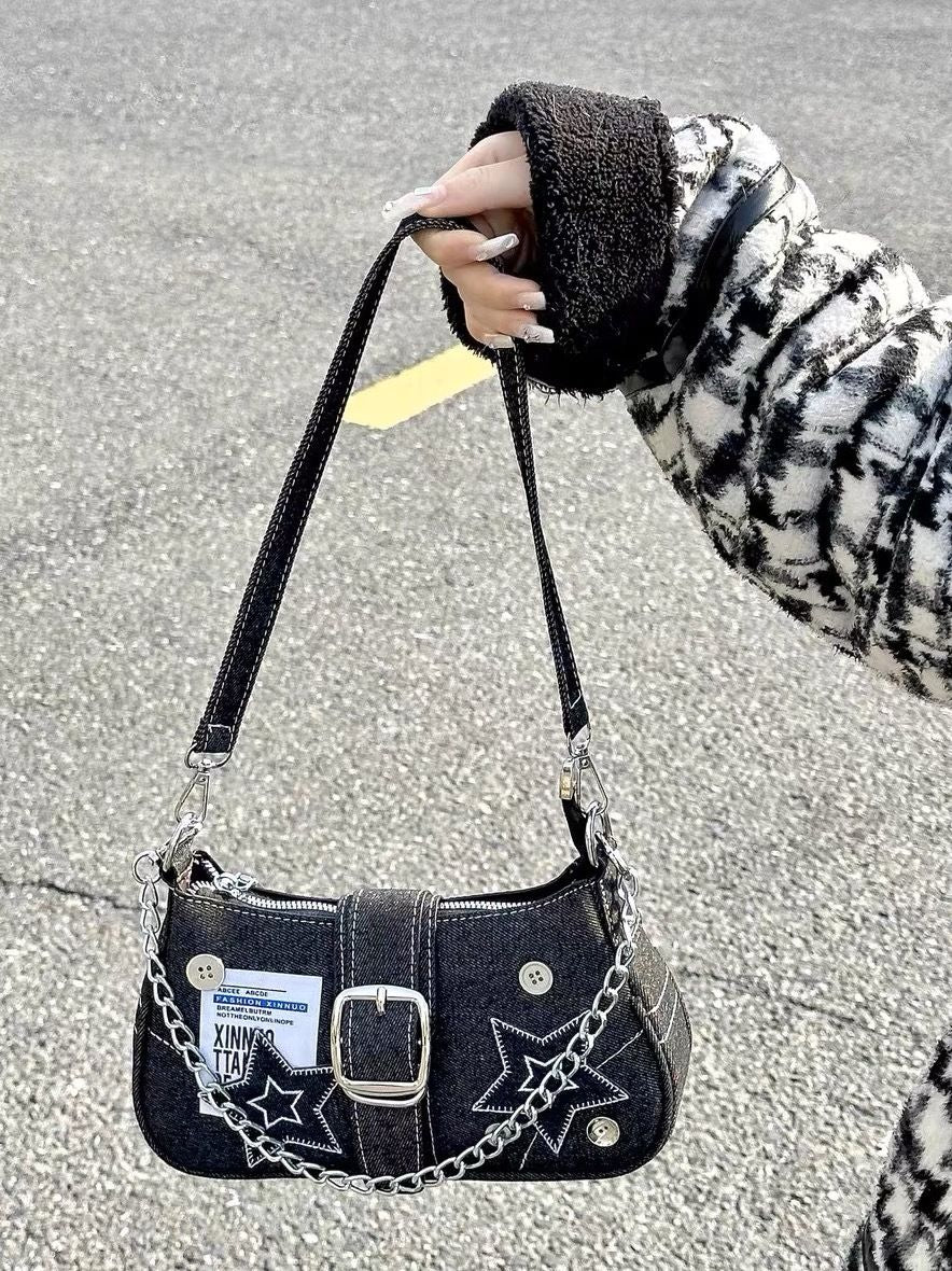 Y2k Fashion Women's Handbags Stars Pattern Cool Girls Underarm Bag Vintage Canvas Female Small Shoulder Bags Chain Tote Purses