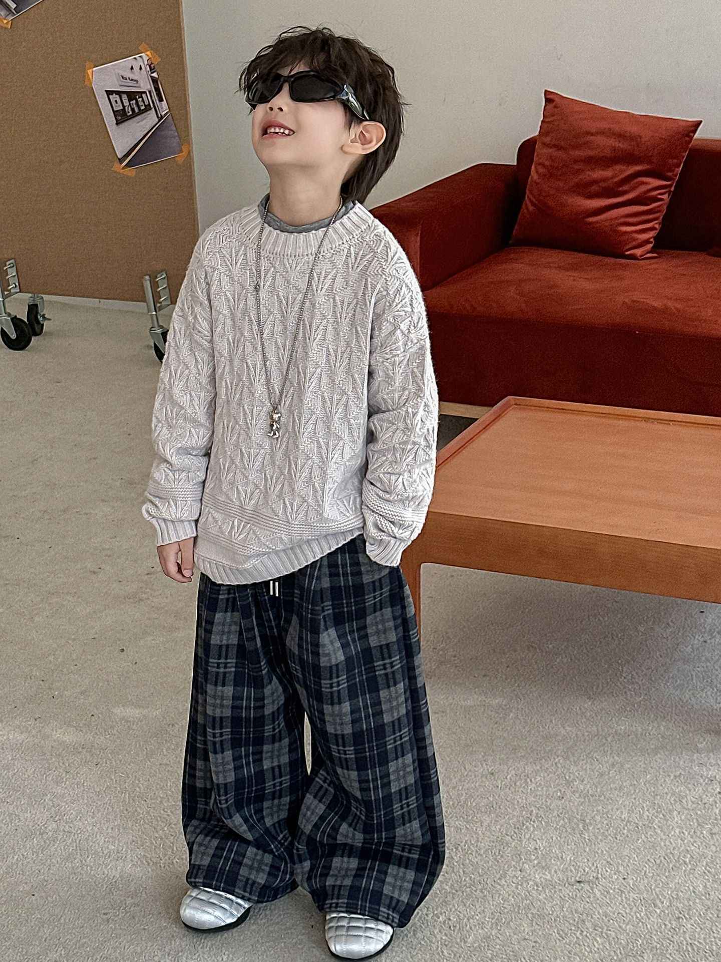 2025 Autumn Winter Cotton Boys Casual Pants Children Fleece-Lined Kids Plaid Loose Long Trouser Soft Warm 3-12 Years Outfit