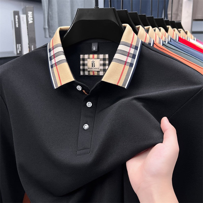 Luxury brand long sleeve polo shirt men comfortable casual autumn item silk cotton high-end Korean fashion plaid lapel T-shirt