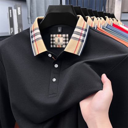 Luxury brand long sleeve polo shirt men comfortable casual autumn item silk cotton high-end Korean fashion plaid lapel T-shirt