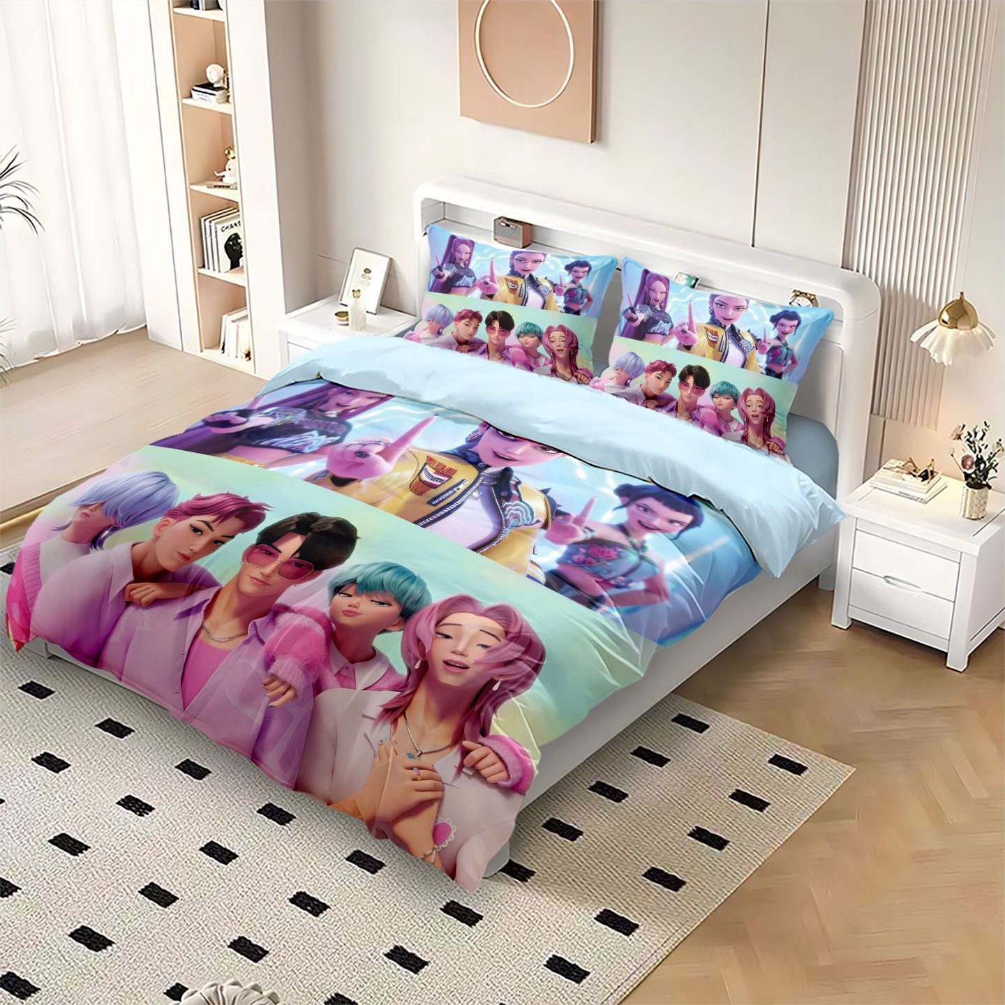 Conjunto de Cama Rumi K-Pop Caçadores de Demônios Temático 2 Lados Estampa Colorida Poliéster Lençol de Dormitório Estudantil Capa de Edredom Presente Infantil