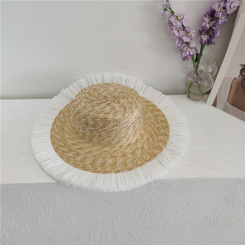 2024 Summer Straw Hat Beach Hat Women's Seaside Sun Hat Vacation Bow Ribbon Flat Top Big Brim Straw Hat praia ??
