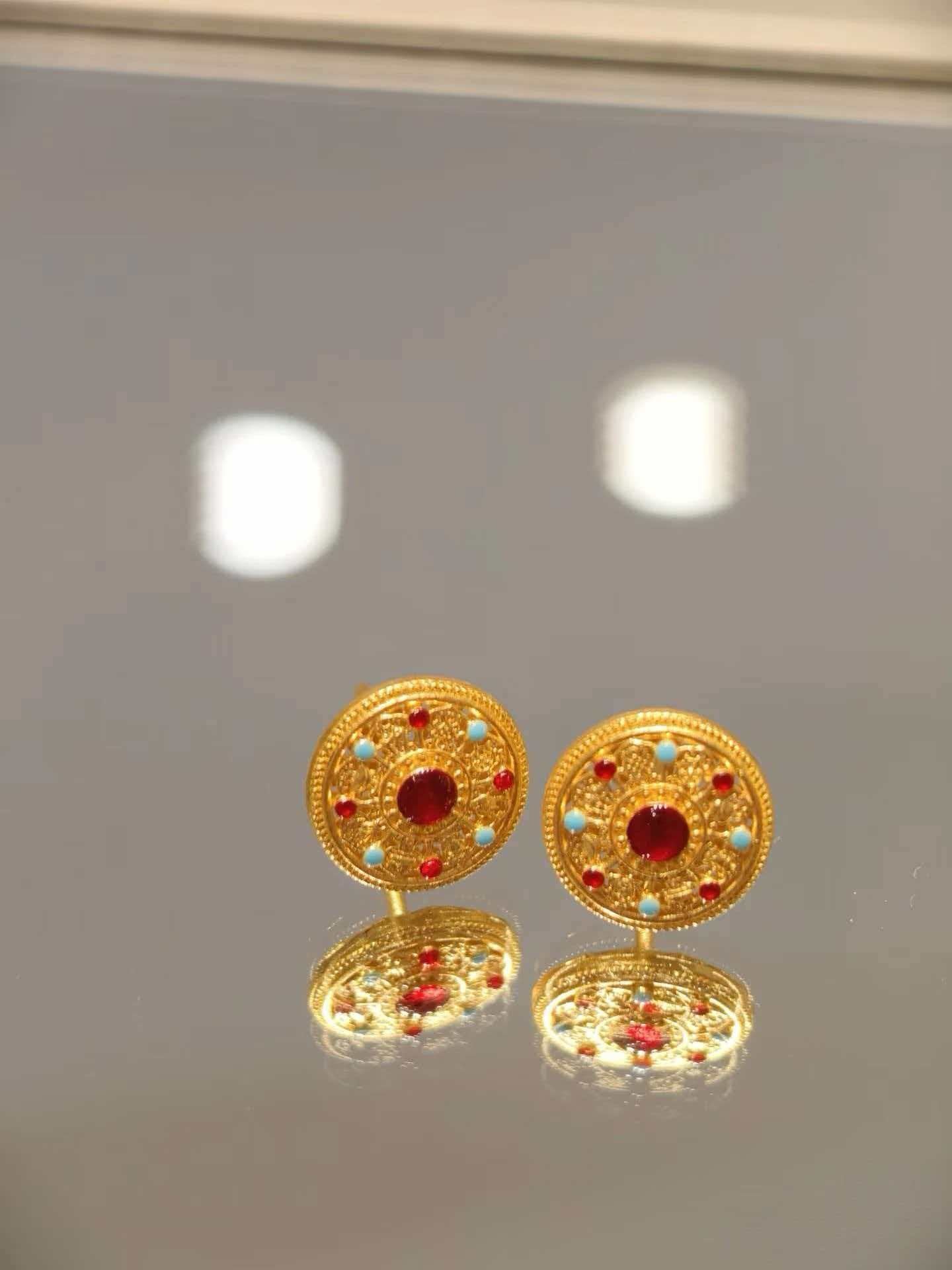 Elegant Enamel Craft Enamel Eight Treasures Compass Stud Earrings For Women 24K Gold AU999, Delicate glaze with ancient charm