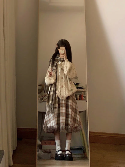 Adorable Plaid  Skirt with Faux Fur Balls in Brown Woolen Material Slimming Mid-Length for Young Girls Autumn Winter Sle