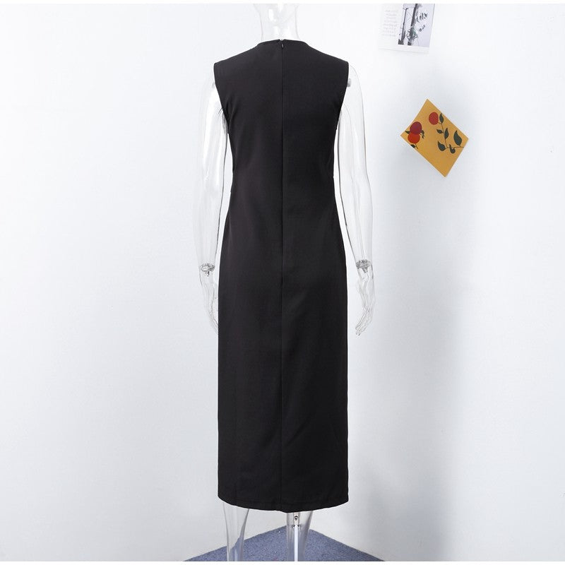 Elegant Midi Dress Woman O-neck Single Breasted Sleeveless Pocket Dresses Female