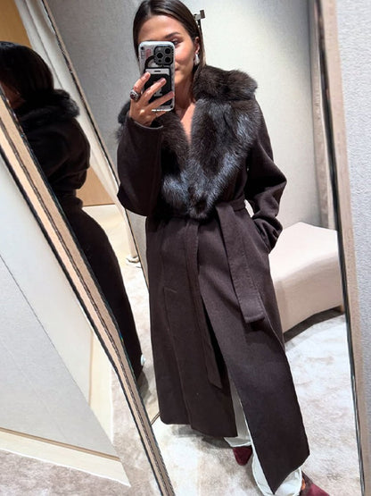 Solid Fur Collar Woolen Maxi Coat Women Fashion Lapel Full Sleeve Lace Up Pocket Loose Long Jacket Lady Autumn Daily Street Wear