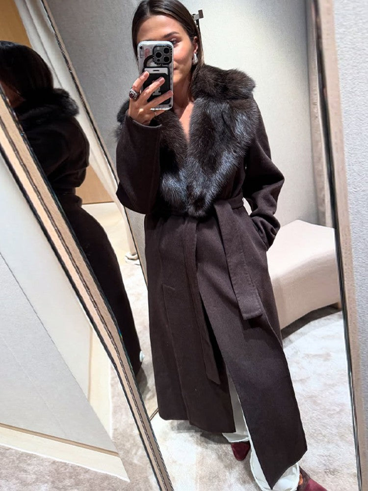 Solid Fur Collar Woolen Maxi Coat Women Fashion Lapel Full Sleeve Lace Up Pocket Loose Long Jacket Lady Autumn Daily Street Wear
