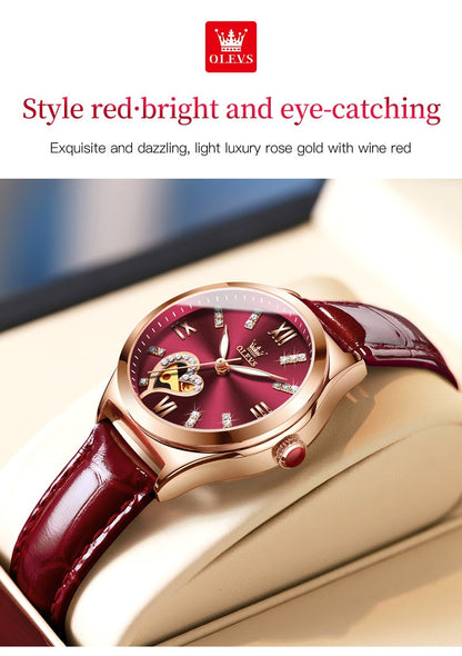 OLEVS 6636 Luxury Women Watch Fully Automatic Hollow Design Diamond Heart shaped Watch Elegant Mechanical Women Bracelet Watch