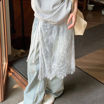 Midi Skirts Women Lace Drawstring Design Elegant Korean Style Spring Summer A-line High Waist Irregular Side Slit Fashion Street