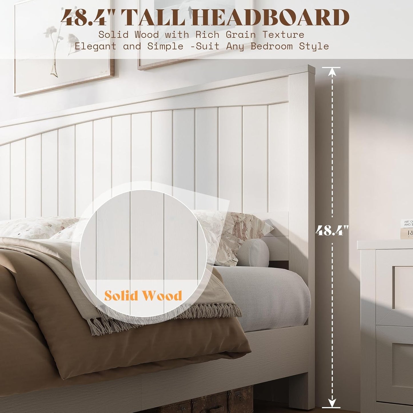 Solid Wood Bed Frame with 48" Headboard, Mid-Century Modern Platform Bed with Durable Wooden Slats, No Box Spring Needed