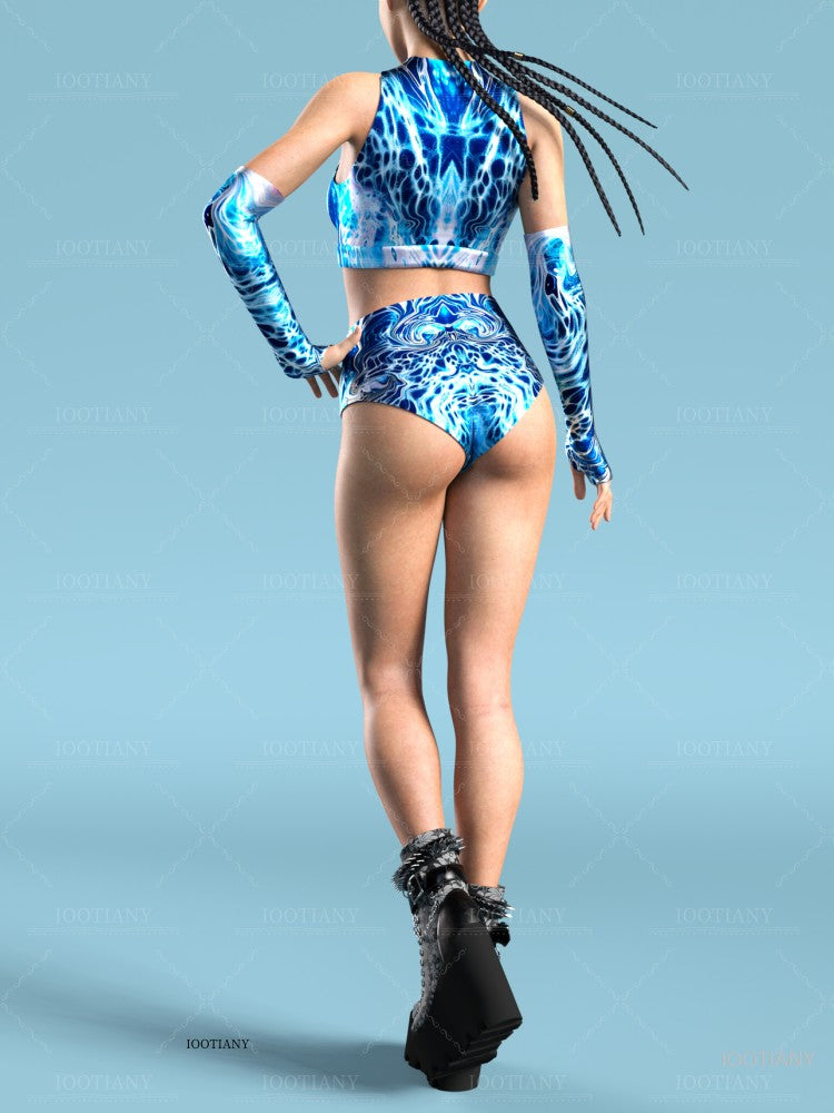 Adult Summer Role Play Bodysuit Women Sexy Hollow Sleeveless Blue Graffiti Art Swimsuit Carnival Party Stage Performance Clothes