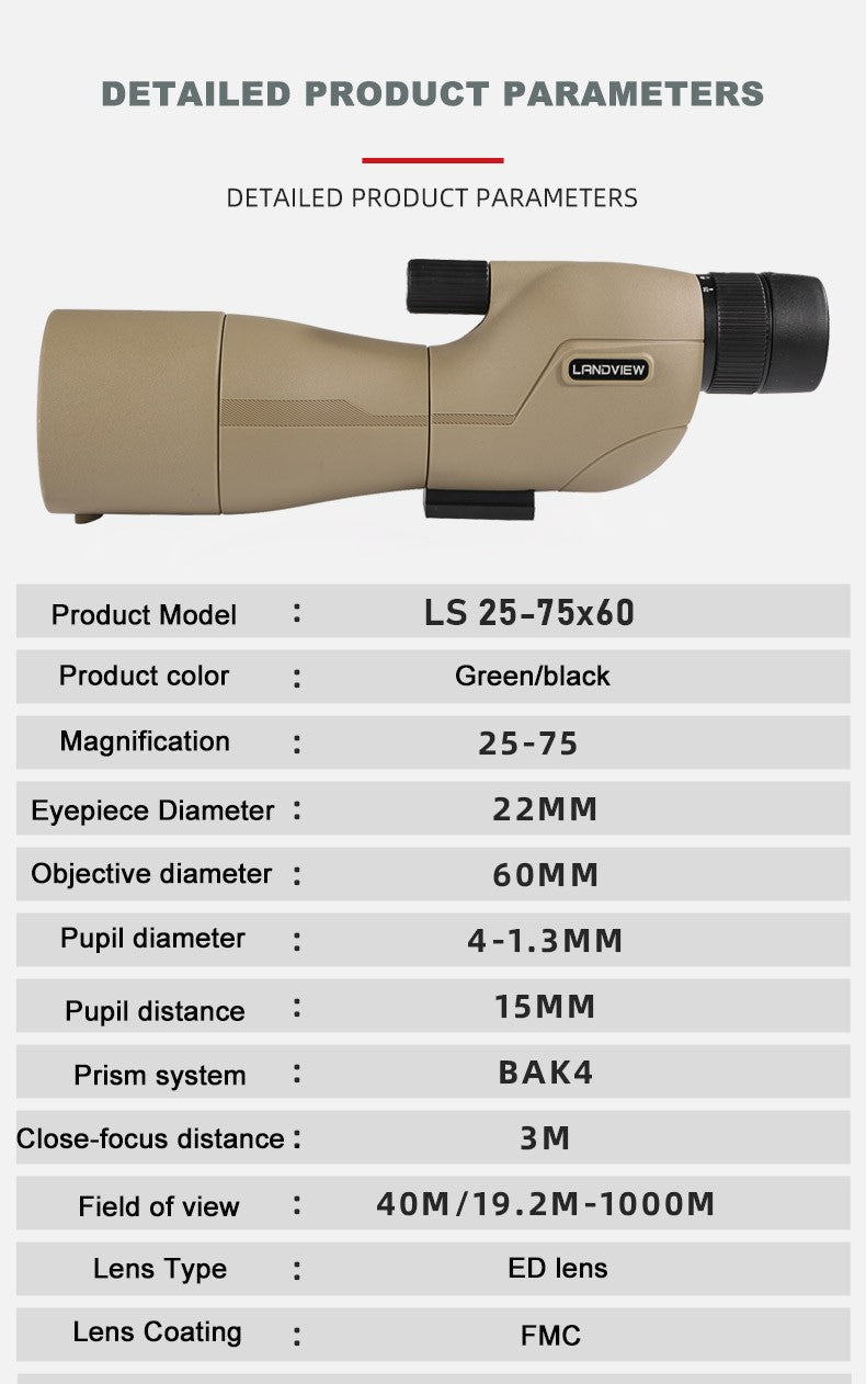 Luneta HD 25-75x60 para Tiro ao Alvo com Bolsa de Transporte Telescópio Monocular BAK4 Lente FMC para Caça Observação de Pássaros