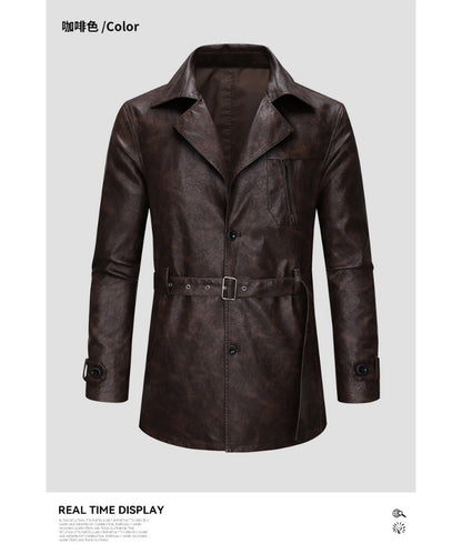 New Mid-length Men's Leather Jacket Spring and Autumn Fashion Functional Lapel PU Jacket Retro Men's Motorcycle Leather Jacket