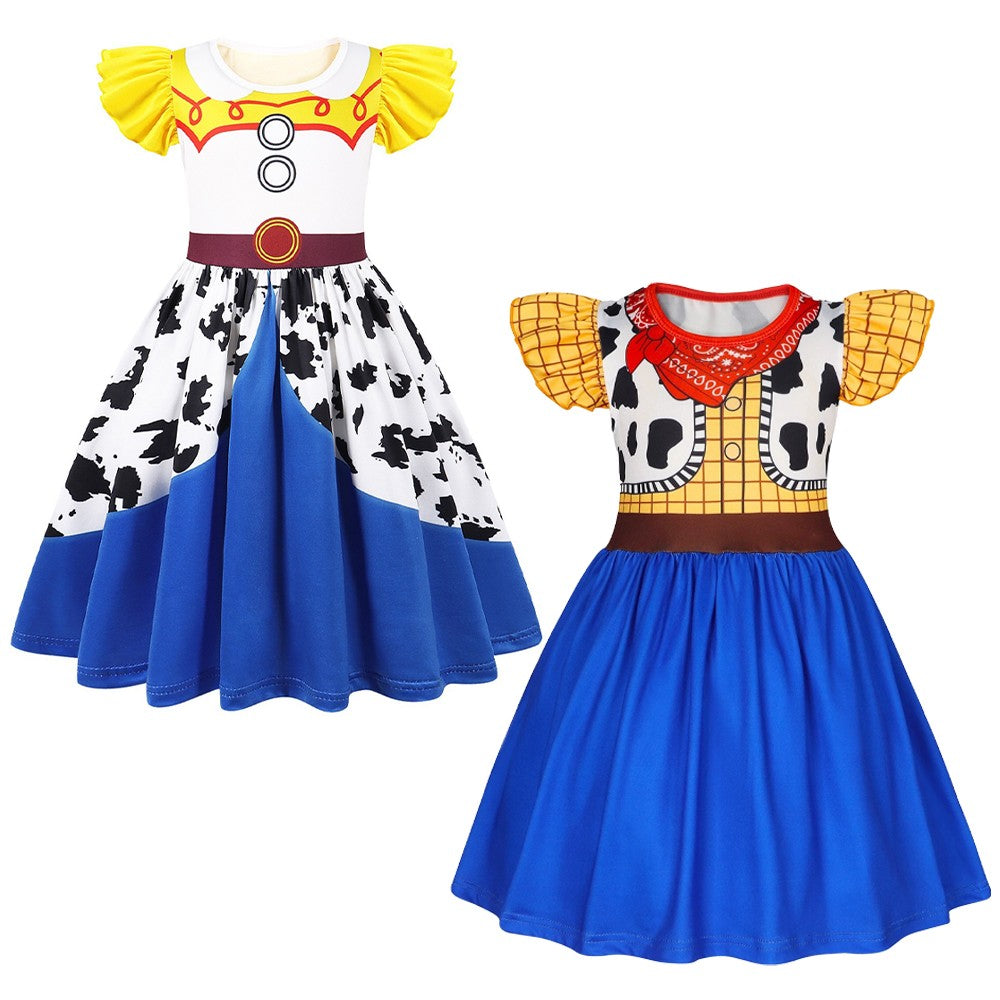 New Western-Style Dress Cartoon Movie Cosplay Dress Milk Silk 3D Digital Print Ruffled Puff Sleeves Summer Halloween Party Set