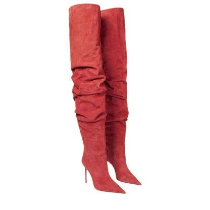 Women's New Pointed Pleated High-heeled Knee High Boots, Autumn and Winter Suede Thigh Boots, Women's Plus Size Stacking Boots