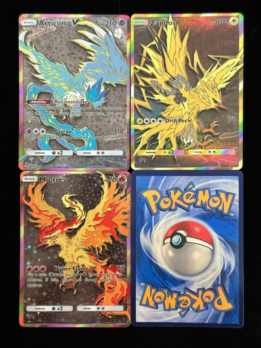 Potdemiel Pokémon Cards 3 peças Holográficas Raras PTCG Cards Lendários Articuno Zapdos Moltres Full Art Pokémon Estampas Ilustradas de Presente