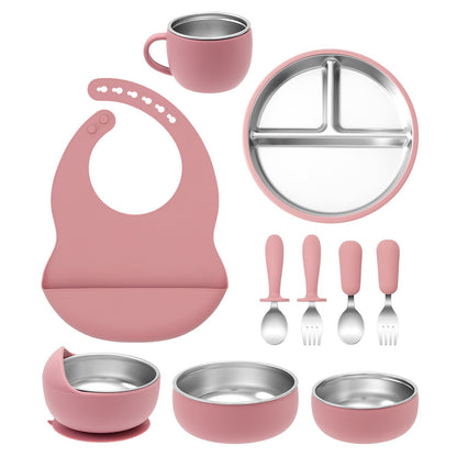 Color Kids 10PCS Infant Feeding Set Stainless Steel Silicone Tableware With Detachable Bowl Plate Bib Weaning Utensils For Baby