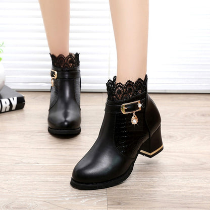Women'S Ladies Boots Fall Winter Vintage Leather Lace Short Boots Shoes Women'S Fashion Lace Trim Boots Mid-Heeled Boots