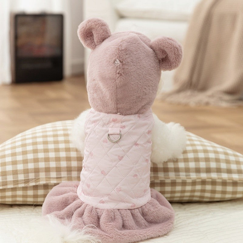 Casaco de Inverno Quente para Cães Vestido Fofo Roupas Macias para Cães Moda Algodão Casaco de Cachorro com Estampa de Coração Casaco para Gatos Bichon Fantasia para Pets
