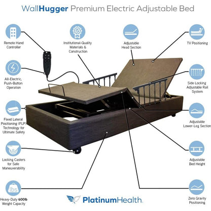 Platinum Health WallHugger Premium Electric Adjustable Bed Base with Variable Height High-Low Positioning and Wall Hugger Featur