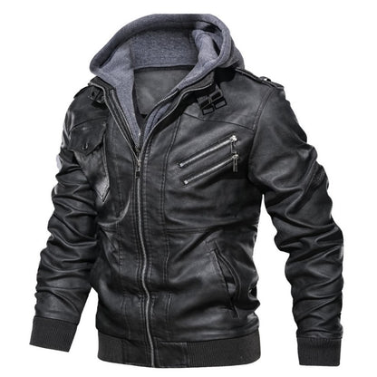 Male PU Hooded Collar Zipper Autumn Casual Slim Windbreaker Chaquetas Motorcycle Leather Jacket Men Winter Fleece Tactics Coat