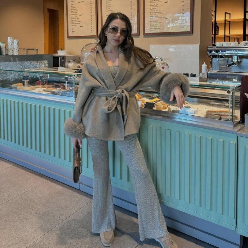 Solid Lace Up Faux Fur Sleeve Jacket Woman Elegant Mid-length V-neck Woolen Blend Coat Autumn Casual Fashion Scarf Outwear 2025