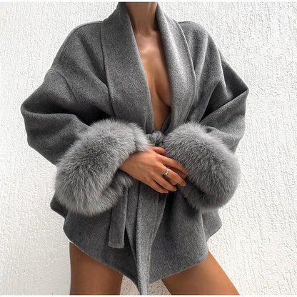 Casacos Curtos de Lã Elegantes com Cadarço Sólido Lapela Solta Cinto Peludo Manga Longa Jaqueta Feminina 2025 Outono Inverno Lady Chique Cardigãs