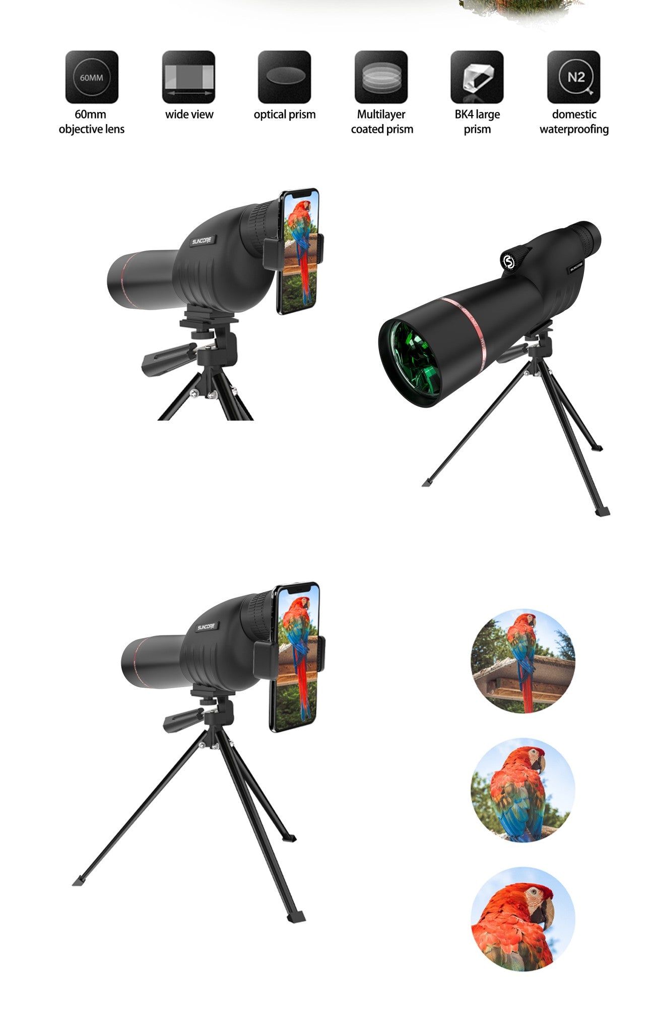 Monóculo Telescópio com Lente Objetiva 25-75x60, Prisma, Foco Manual, Material de Borracha, Revestimento Verde, Aumento Máximo de 75x